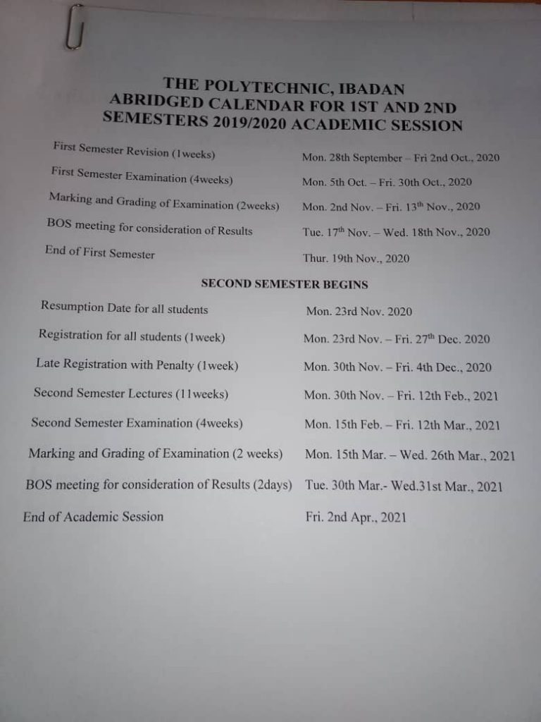 THE POLYTECHNIC, IBADAN RELEASES ABRIDGED CALENDAR FOR 1ST & 2ND