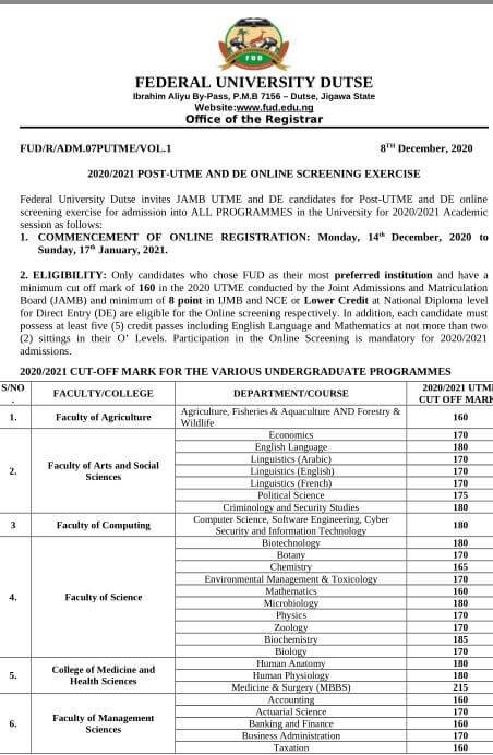 FEDERAL UNIVERSITY DUTSE, JIGAWA RELEASES POST UTME SCREENING FORM FOR ...