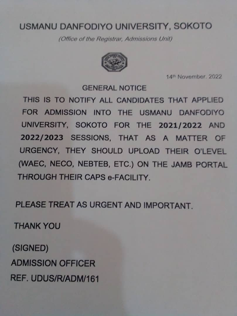 USMANU DANFODIYO UNIVERSITY, SOKOTO ISSUES IMPORTANT NOTICE TO ALL ...